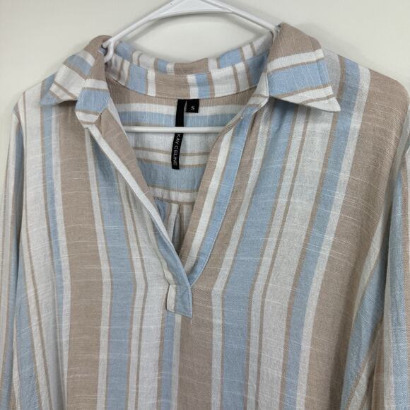 Striped Linen Blend Kay Celine Popover Shirt Dress Small Coastal Beach Preppy - Picture 5 of 11